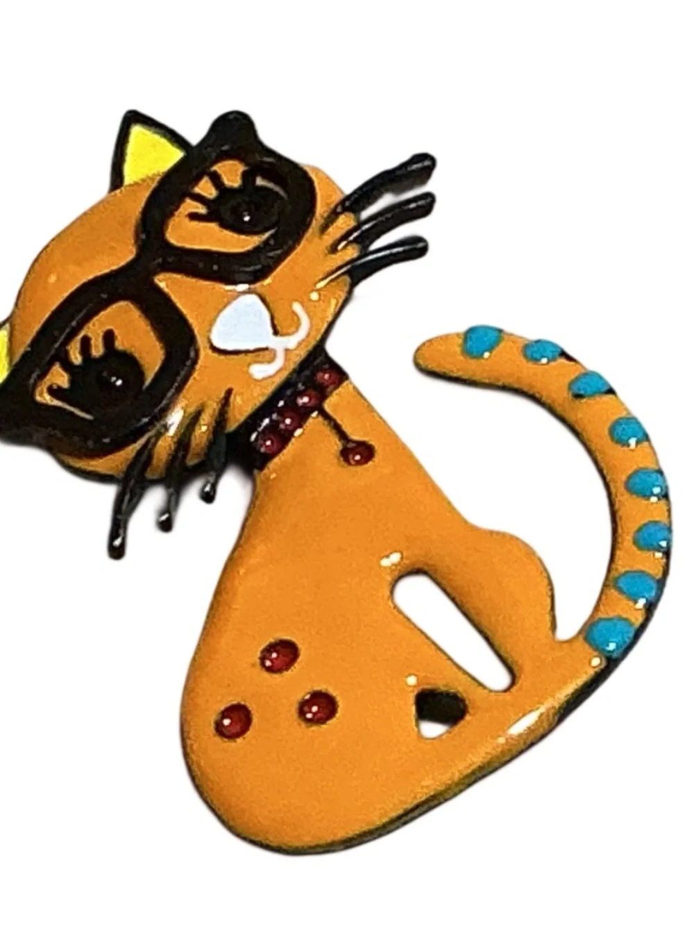 Orange Cat Brooch, Whimsicaal with Glasses, Enamel, Cute, Sitting Curled Up Tail